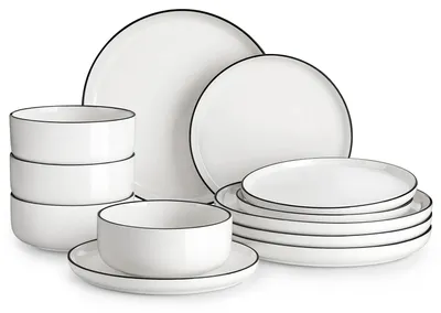 Immagine prodotto di Set di stoviglie in porcellana – Servizio da tavola per 4 persone – 12 pezzi – 4 piatti piani – 4 piatti da dessert – 4 ciotole – Bordo nero