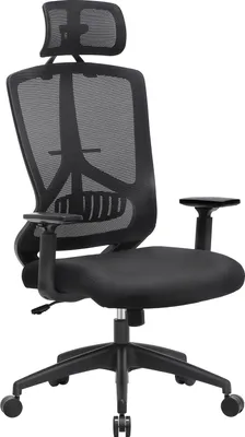 A black ergonomic office chair with a headrest and lumbar support is shown against a white background.