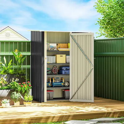 Produktbild von Gerätehaus Metall Pultdach abschließbar, Geräteschuppen Stahl, Gartenhaus Dunkelgrau kompakt | 142 x 86 x 189 cm | 1,07 m² | Türriegel