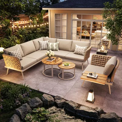 Image de OKWISH Ensemble de Meubles de Jardin 6 Places - Canapé d'Angle Beige avec Accoudoirs Tressés à la Main, 2 Tables en Bois