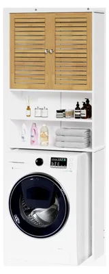 Produktbild von Waschmaschinenschrank, Hochschrank, Toilettenregal mit Schrank, 2 offene Fächer, verstellbare Ablagen, Badezimmerregal mit 2 Bambustüren über Waschmaschine/Toilette 185,5×65×24 cm