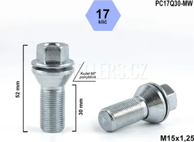 Obrázek produktu pro Kolový šroub M15x1,25x30 kuželový, pohyblivá plocha, klíč 17, PC17Q30-MW, výška 52 mm