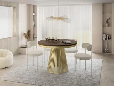 Produktbild von Esstisch Rund Ausziehbar mit Lamellen im Loft-Stil – 100 bis 180 cm – Industrieller Tisch mit Metallbeinen in Gold, Platzsparend für Wohnzimmer oder Esszimmer – Walnuss Braun