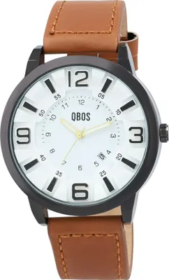 Produktbild von Qbos Herrenuhr mit Quarzwerk, analoger Anzeige und Datumsfunktion, Kunstleder-Armband, Weiß, Braun, Schwarz