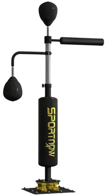 Productafbeelding van Boksstandaard, twee speedballs, draaibare boksstang, trapkussens, in hoogte verstelbaar, staal, 107 x 36 x 140-205 cm, zwart