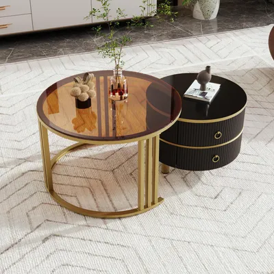 Image de MODFU Set de Tables Bassses 2 Pièces - Plateau Verre, Métal Noir, 2 Tiroirs - MDF et Plastique - Noir et Marron - 70x70x45 + 50x50x40 cm