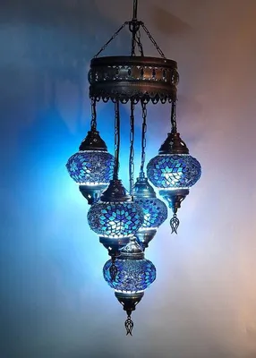 Produktbild von 5-flammige türkische Hängelampe aus blauem Mosaikglas – orientalische Deckenleuchte mit einzigartigem Design