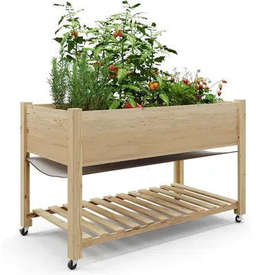 Zdjęcie produktu dla Podwyższona grządka – mobilny doniczka na rośliny – 122 x 61 x 76 cm – drewno – regulowane kółka – osłona – kolor drewna