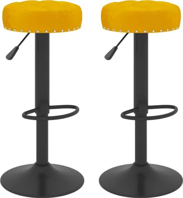 Two yellow bar stools with black bases are shown against a white background.