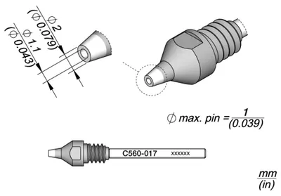 Obrázok produktu pre JBC odpájkovací hrot série C560, C560017/Ø 1,1 mm, 2,0 mm, Pincleaning C560017