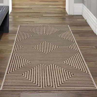 Image de Tapis moderne à poils courts Beige design géométrique avec structure brillante pour salon chambre à coucher et couloir Taille - 80 x 150 cm