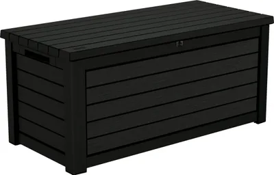 A black outdoor storage box is shown against a white background.