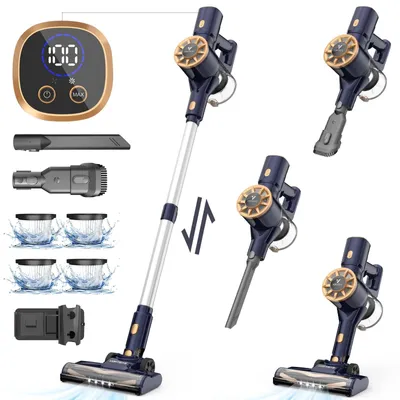 Immagine prodotto di Aspirapolvere senza filo - Aspirapolvere a bastone a batteria - 400 W - Filtro HEPA - Display LCD - Autonomia della batteria: 30–59 min - Serbatoio raccoglipolvere da 1–2 l - Senza sacchetto - Blu