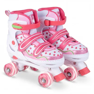 Image de Patins à roulettes COSTWAY pour enfants, patins à roulettes réglables en 4 tailles avec roues LED, patins à roulettes « Strawberry » pour l'extérieur, patins à roulettes pour enfants de 9 à 14 ans, rose