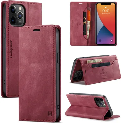 Produktbild von iPhone 12 Pro Max Brieftasche Hülle, Retro Kunstledertasche Stand Schutzhülle für iPhone 12 Pro Max Rot