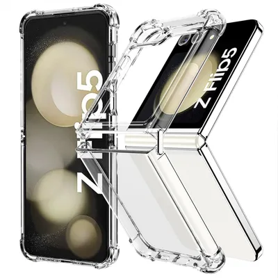 A clear protective case for a Samsung Galaxy Z Flip 5 phone, shown in both open and closed positions.