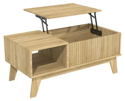 Obrázok produktu pre Konferenčný stolík - Konferenčný stolík s výklopnou doskou - 95 x 48 x 42 cm - S posuvnými dvierkami - Skrytý úložný priestor - Otvorená polička - Výškovo nastaviteľná doska - Drevo