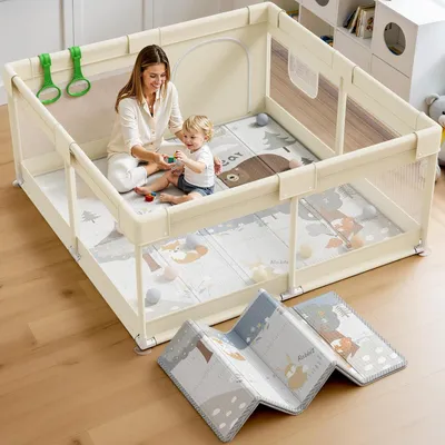 Image de Parc pour bébé de 120 x 120 cm avec tapis, idéal pour la maison. Ce parc spacieux de 120 x 120 cm est facile à nettoyer et à ranger