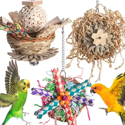 Imagen del producto de Juego de juguetes para aves, de 3 piezas, hechos de madera y ratán, para loros y periquitos