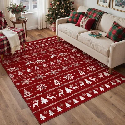 Produktbild von Weihnachtsteppich Weihnachtsmann Elch rot 120x170 cm waschbar rutschfest Kurzflor