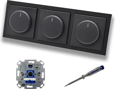 Produktbild von REV Ritter (3 Stück) LED Drehdimmer Dimmer + Busch Jäger Dimmerscheiben 6540-885-102 in Future Linear schwarz matt im 3-fach Rahmen inkl. EBROM Phasenprüfer zur Montage der Geräte ET1 66012B