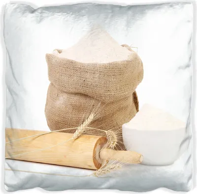 Produktbild von Wallario Premium Kissen, weiche Oberfläche, mit Motiv Backen-Ensemble mit Nudelholz, Mehl-Sack, Ähren und Zucker, Größe: 30 x 30 cm, mit weißer Rückseite