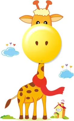 A cartoon giraffe with a red scarf and brown spots, standing in front of a white background with clouds and hearts.