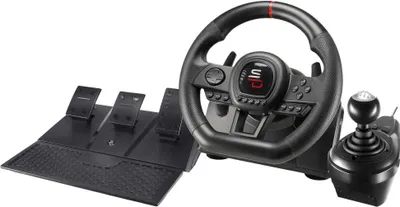 A gaming steering wheel, pedals, and gear shifter are displayed against a white background.