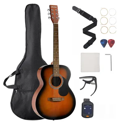 Image de Guitare acoustique VEVOR Dreadnought, 40 pouces, 6 cordes, table d'harmonie massive Sunburst, ensemble pour débutants avec housse, accordeur, sangle, cordes en acier, médiators, capodastre, touche en palissandre, pour adultes, musiciens expérimentés