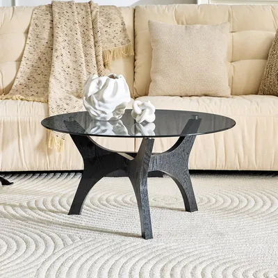 Produktbild von okwish Couchtisch mit Holzrahmen,Runder Sofatisch mit Glasplatte, Beistelltisch moderner Stil,Für Wohnzimmer in Schwarz