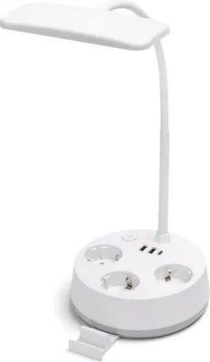 Produktbild von Aigostar Schreibtischlampe mit Stecker und Steckdosen, USB- und Typ-C-Ausgang, Touch-Tischlampe, 3 Farben&Stufenloses Dimmen, Weiß