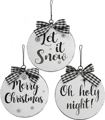 Produktbild von Vintage Weihnachtsbaumschmuck Metallkugeln Ø15cm Christbaumkugeln mit Sprüchen, Dekohänger Set 3St, Weiß Schwarz, Festliche Weihnachtsdeko, 3 Stück