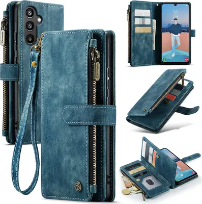 Immagine prodotto di Custodia Galaxy A34 5G, Custodia in Finto cuoio con cerniera, chiusura magnetica, tasca per carte, supporto, portafoglio, custodia protettiva per Samsung Galaxy A34 5G Blu
