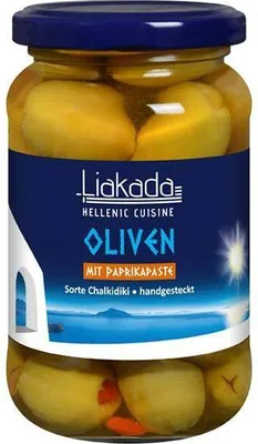Produktbild von Liakada Grüne Oliven mit Paprikapaste Sorte Chalkidiki handgesteckt  200 G Glas  Vegan Glutenfrei  Fruchtig, leicht bitter, würzige Note