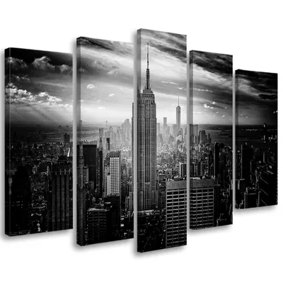 Obrázok produktu pre Obraz na plátne v 5 sekciách new york city čiernobiely 150x100 cm Feeby sivá maľba na stenu pripravené na zavesenie