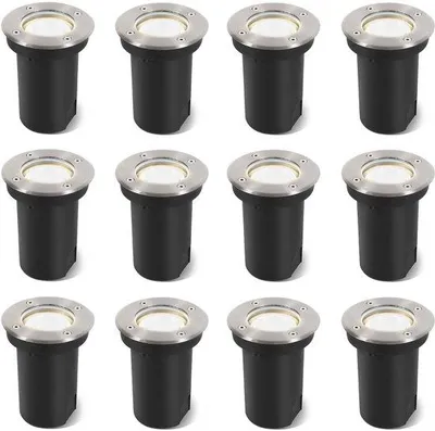 Image de Luminaires de jardin à LED, lot de 12, sans fil, IP67, étanches, 3 watts, couleur argent, pour l'extérieur, à enfoncer dans le sol