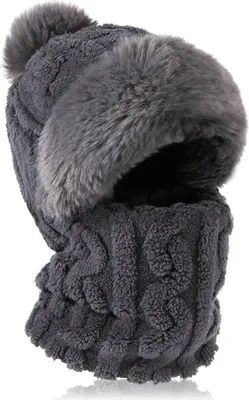 Produktbild von Strickmütze Damen Thermo Winter, Flexible Strickmütze mit Haarball, 3 in 1 Warm Strickmütze & Halswärmer Sets, mit Weichem Fleece Innenfutter