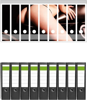 Produktbild von Wallario 9 Stück breite Ordner inkl. Klebeetiketten mit Motive Sexy Frau auf Motorrad -  Set mit Rückenschildern / Ordnerrücken Stickern
