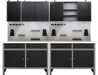 Produktbild von Ondis24 Metall Werkstatt Set 240 cm "Werner" 2 Werkbänke 3 Schränke LED abschließbar höhenverstellbare Füße Arbeitsplatte Holz Werkstatteinrichtung Packtisch Werktisch Werkbank Werkstatttisch Montagewerkbank Hängeschrank Werkzeugwand Werkstattwand Werkzeughalter Lochblech
