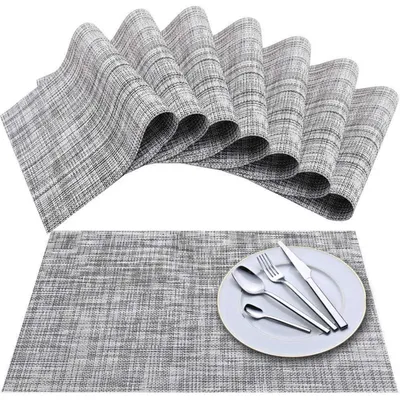 Immagine prodotto di Set di 8 tovagliette in vinile intrecciato, motivo a croce, colore bianco e grigio, dimensioni 45x30 cm
