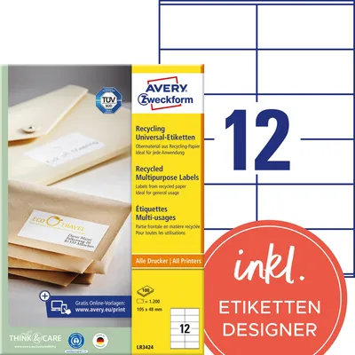 Obrázek produktu pro Avery LR3424, Bílá, 100 listy, 105 mm, 48 mm, 1200 kusů
