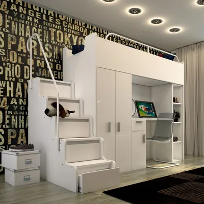 Produktbild von Marlux-Meble Hochbett JSM-4 80x190 mit Kleiderschrank Schreibtisch und Treppe Hochglanz Kinderbetten Funktionsbett Etagenbett Stockbett Kinderhochbett Jugendhochbett (Weiß Glanz)