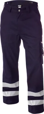 A pair of dark blue work pants with reflective stripes at the bottom.