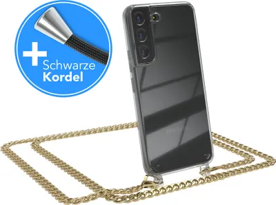 Produktbild von EAZY CASE Metall Handykette für Samsung Galaxy S22 5G, Handyhülle mit Umhängeband, Silikonhülle, Metallkette für Smartphone in Gold