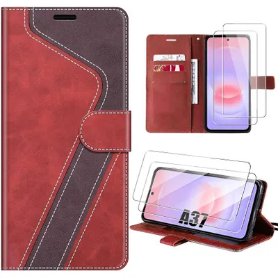 Image de Coque + 2 Verres Trempés pour Samsung Galaxy A37 5G, Anti-Rayures Antichoc Synthécuir Rouge Marron