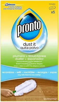 A product package for Pronto dusters, showing a hand using a duster on a wooden floor.
