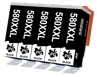 A pack of five black ink cartridges arranged diagonally.