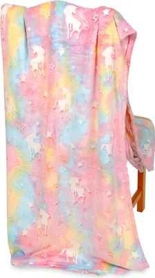 A blanket with a unicorn and star pattern draped over a chair.