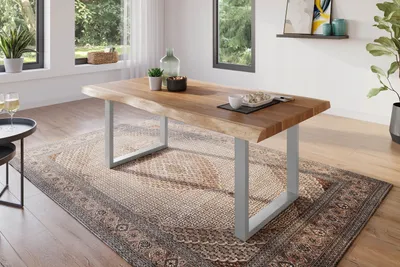 Produktbild von Esstisch 180 x 90 cm Akazie massiv natur Baumkantentisch U-Gestell silber ATLAS