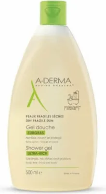 A bottle of A-Derma shower gel against a white background.